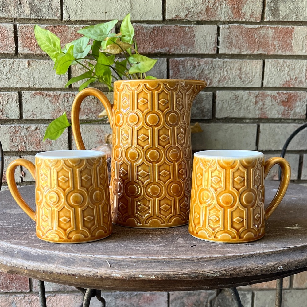 Vintage Ceramic Pitcher and Mug Set in Mustard Yellow
